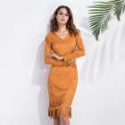 Long-sleeve V-neck Fringed Dress