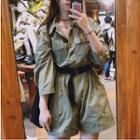 Pocket Detail 3/4-sleeve Playsuit Army Green - One Size