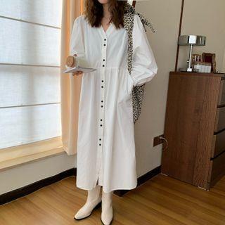 Long-sleeve V-neck Button-up Midi Shift Dress