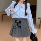 Ruffle Trim Collar Blouse / Pleated Mini A-line Skirt