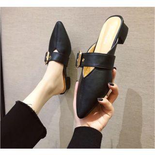 Faux Leather Pointed-toe Buckled Block Heel Mules