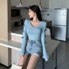 Bow-accent Long-sleeve U-neck Top Airy Blue - One Size
