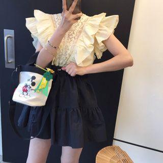 Crochet-knit Ruffle Sleeveless Blouse / Mini A-line Skirt