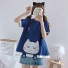 Cat Embroidered Two Tone Short-sleeve T-shirt Blue - One Size