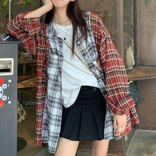 Long-sleeve Two-tone Plaid Shirt As Shown In Figure - One Size