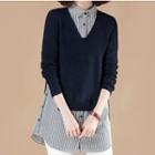 Stripe Panel Mock Two-piece Long Shirt