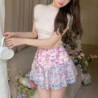 Short-sleeve Mock-neck Plain Cropped Top / Floral Print Mini Skirt
