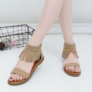 Faux Suede Fringed Flat Sandals
