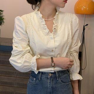 Frill Trim Lace Panel Blouse