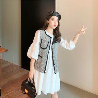 Lantern-sleeve Mini Dress / Button Vest