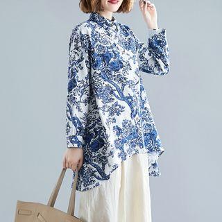 Print Asymmetrical Long-sleeve Shirt Blue - L