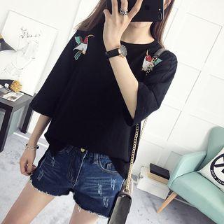 Bird Embroidered 3/4 Sleeve T-shirt