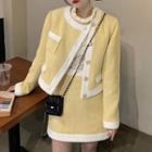 Long-sleeve Lace Top / Asymmetrical Button Jacket / Mini A-line Skirt