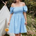 Plus Size Off-shoulder Gingham Check A-line Dress