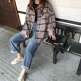 Plaid Button Jacket Cherry Blossoms Pink - One Size