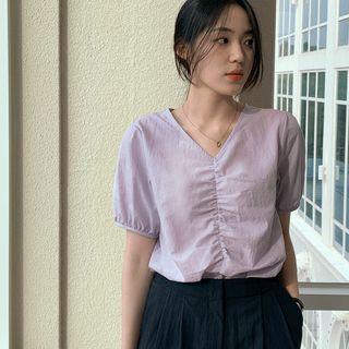 V-neck Puff-sleeve Shirred-trim Top