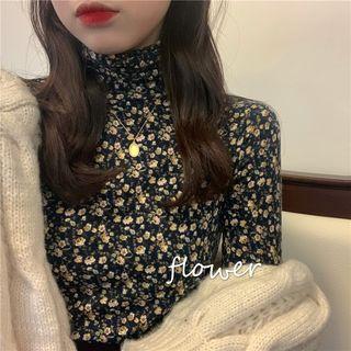 Turtleneck Long-sleeve Floral Top Black - One Size