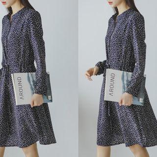 Mandarin-collar Drawstring-waist Pattern Shirtdress