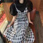 V-neck Puff-sleeve Top / Plaid Sleeveless Dress
