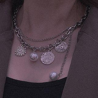Alloy Disc Faux Pearl Layered Necklace Silver - One Size