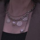 Alloy Disc Faux Pearl Layered Necklace Silver - One Size