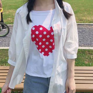 Heart Print Mock Two Piece Elbow Sleeve Shirt
