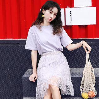 Set: Elbow-sleeve Long T-short + Lace A-line Skirt