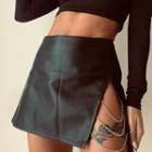 High-waist Chain-detail Faux Leather Mini Slit Skirt