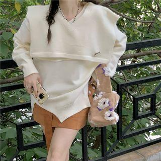 Long-sleeve Plain Slit Knit Sweater With Shawl