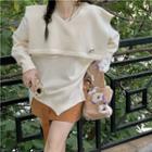 Long-sleeve Plain Slit Knit Sweater With Shawl