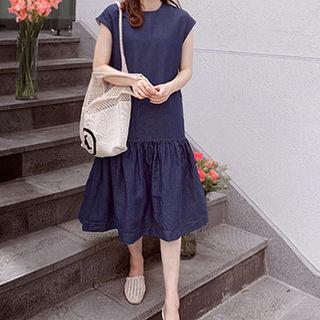 Cap-sleeve Denim Linen Blend Dress