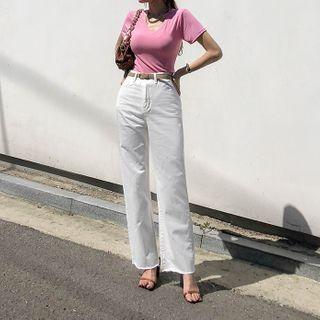 Cut-hem Semi Wide-leg Pants
