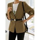Puff-sleeve Collarless Jacket With Belt