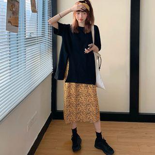 Side-slit Short-sleeve T-shirt / Leopard Print Midi Straight-fit Skirt