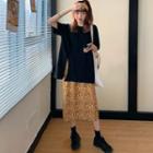 Side-slit Short-sleeve T-shirt / Leopard Print Midi Straight-fit Skirt