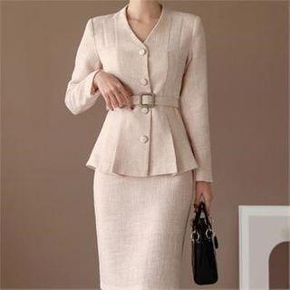 Collarless Single-breasted Blazer With Belt