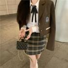 Bow Shirt / Badge Embroidered Blazer / Plaid A-line Skirt