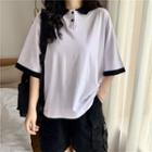 Contrast Trim Elbow-sleeve Collared T-shirt