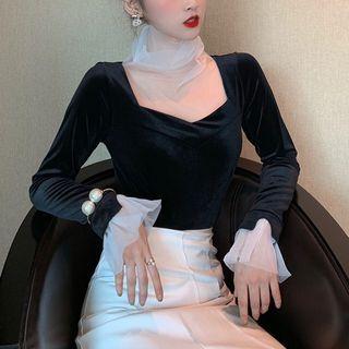 Long-sleeve Mock-neck Mesh Panel Velvet Top White & Black - One Size