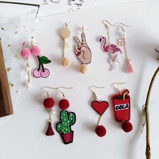 Non-matching Embroidered Fabric Tassel Bobble Dangle Earring