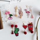 Non-matching Embroidered Fabric Tassel Bobble Dangle Earring