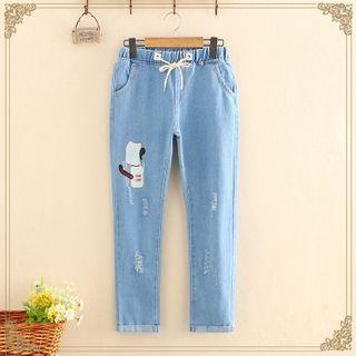 Embroidered Elastic-waist Distressed Jeans