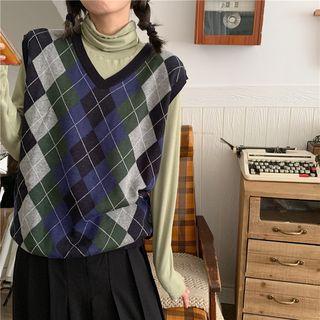 Argyle Pattern Knit Vest / Turtleneck Long-sleeve Top