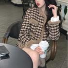 Houndstooth Furry-trim Wool Jacket / High-waist Mini Skirt