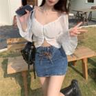 Bell-sleeve Zip-up Chiffon Cropped Blouse
