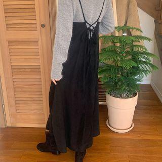 Spaghetti-strap Long Suedette Dress Black - One Size