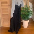 Spaghetti-strap Long Suedette Dress Black - One Size