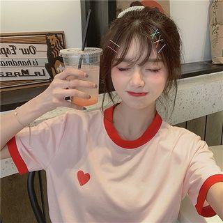 Short-sleeve Heart Print Ringer T-shirt As Shown In Figure - One Size