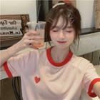 Short-sleeve Heart Print Ringer T-shirt As Shown In Figure - One Size