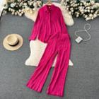 Set Of 2 : Long-sleeve Lapel Loose-fit Shirt + High-waist Pleated Wide-leg Pants